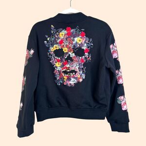 Interdee Crystal Floral Skull Bomber Jacket